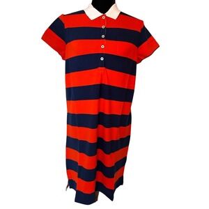 NWT Lands' End Tomato Red and Navy Striped Polo Dress with White Collar Size MP
